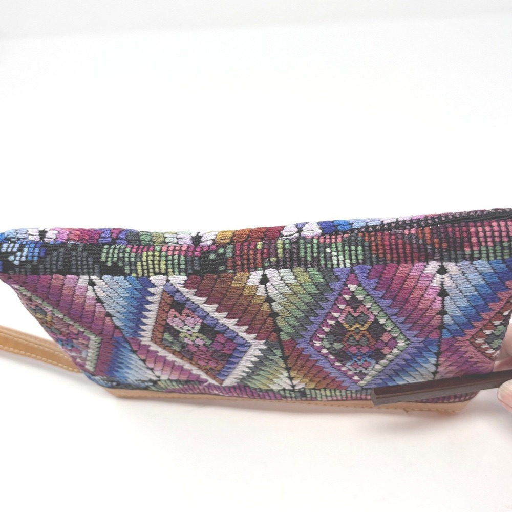Woven Textile Geometric Wristlet Clutch Bag Zippered Huipil Style Leather Trim - Picture 6 of 9